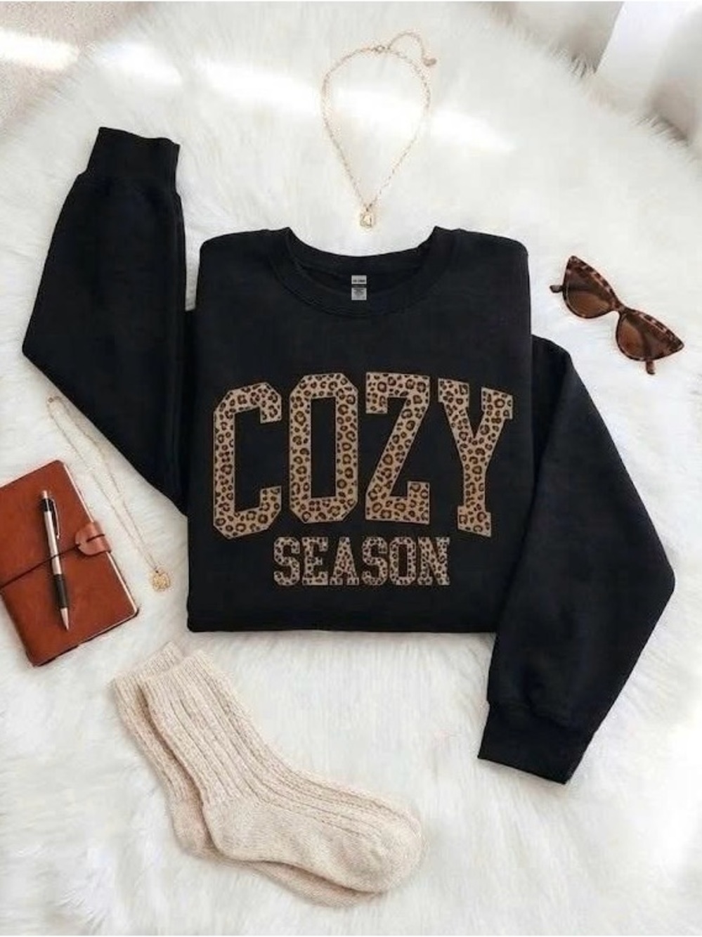 Cozy Season Leopard Print Crewneck Sweatshirt Black Fall Graphic Pullover